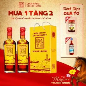 Hộp 2 Chai Nước Mắm Tĩn Cá Cơm Ruột Đỏ 60N 500ml – Chai Thủy Tinh, Truyền Thống, Tặng Kiết Thành & Sốt Muối Chấm